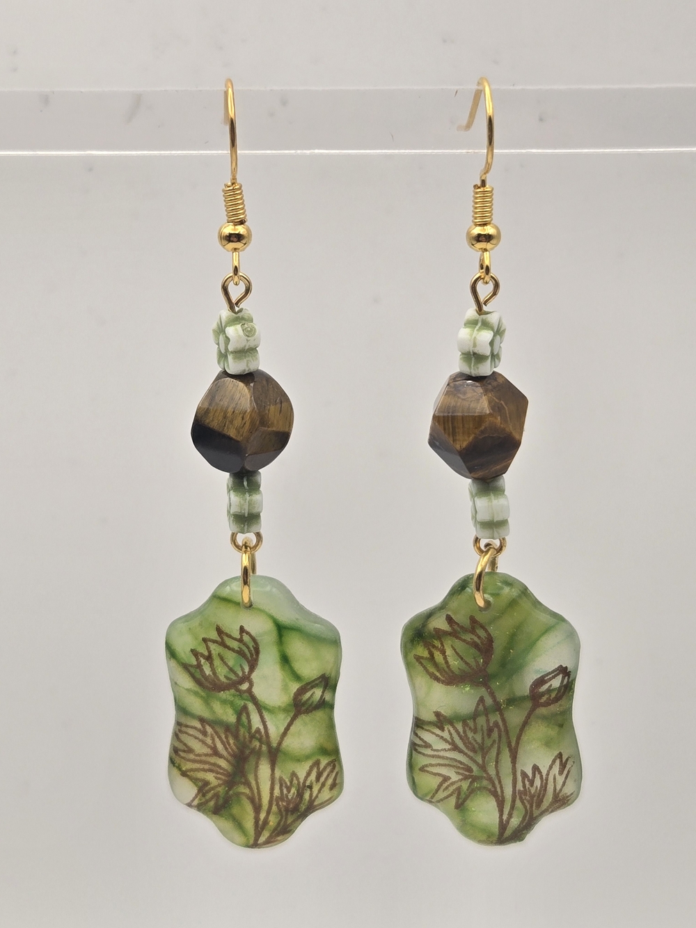 #B490- Hand-Painted Green Floral Drop Earrings with Gold Hooks - Tigers Eye